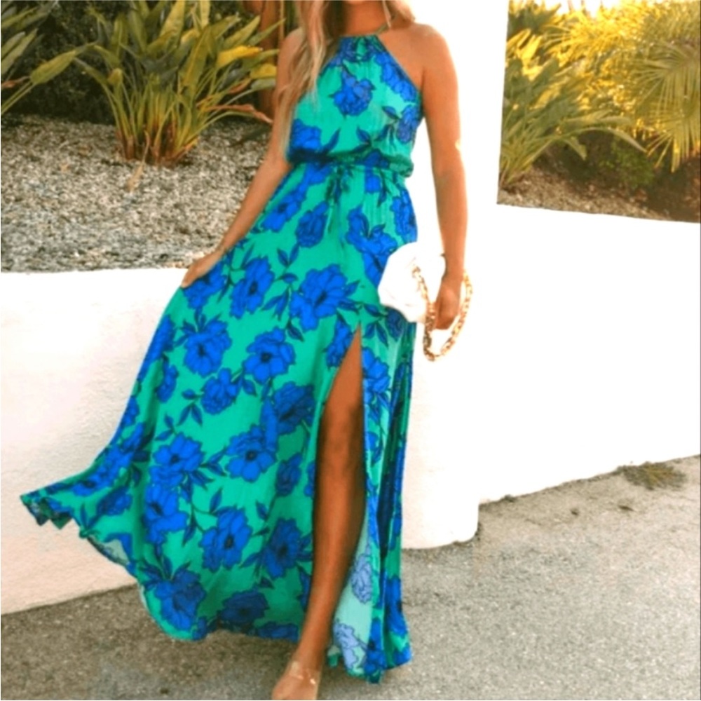 VICI green and blue floral halter maxi dress slit